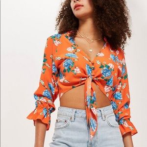 TOPSHOP Floral Tie Plunge Blouse